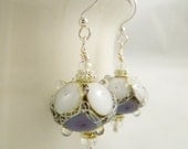 Purple and White Lampwork Glass Earrings
