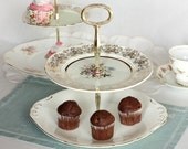 Pretty 2 tier cake stand / cupcake display: upcycled English bone china creating this unique party centrepiece