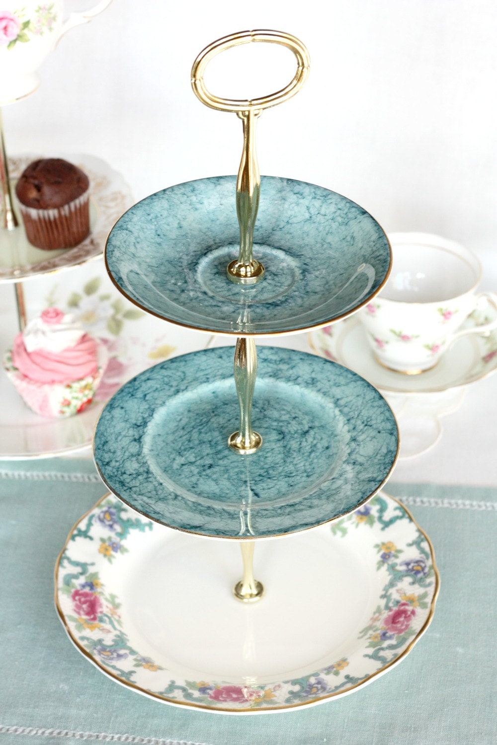 Striking 3 tier cake stand / cupcake stand made from Royal Doulton and Royal Albert Gossamer china: a unique party centrepiece