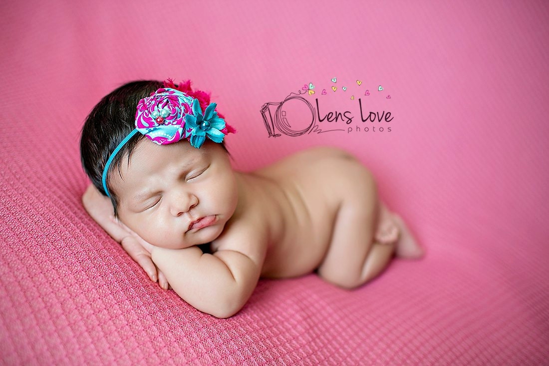 Hot Pink and Turquoise rosette headband, baby headbands, pink  headbands, newborn headbands, summer headbands, photography prop