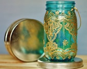 Moroccan Style Lantern, Teal Glass Mason Jar with Golden Details