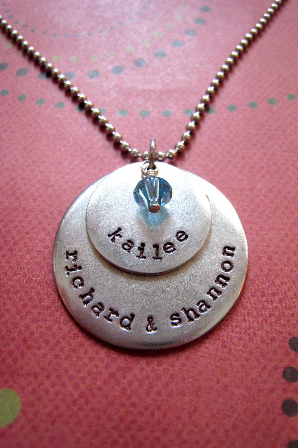 Personalized hand stamped layered antiqued mixed metals mothers grandmothers necklace with birthstone or pearl several names