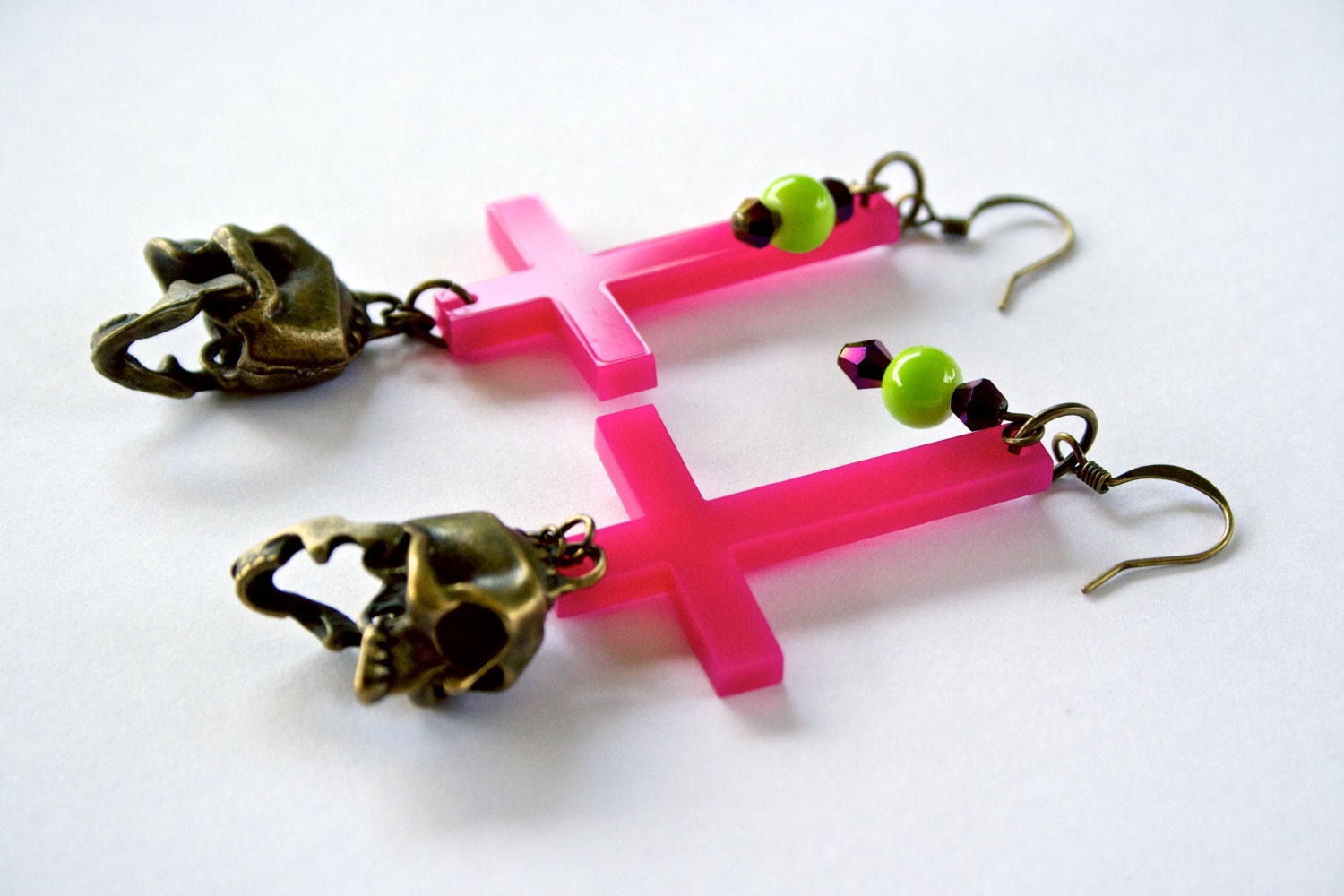 Inverted Cross Earrings with Skull Charms