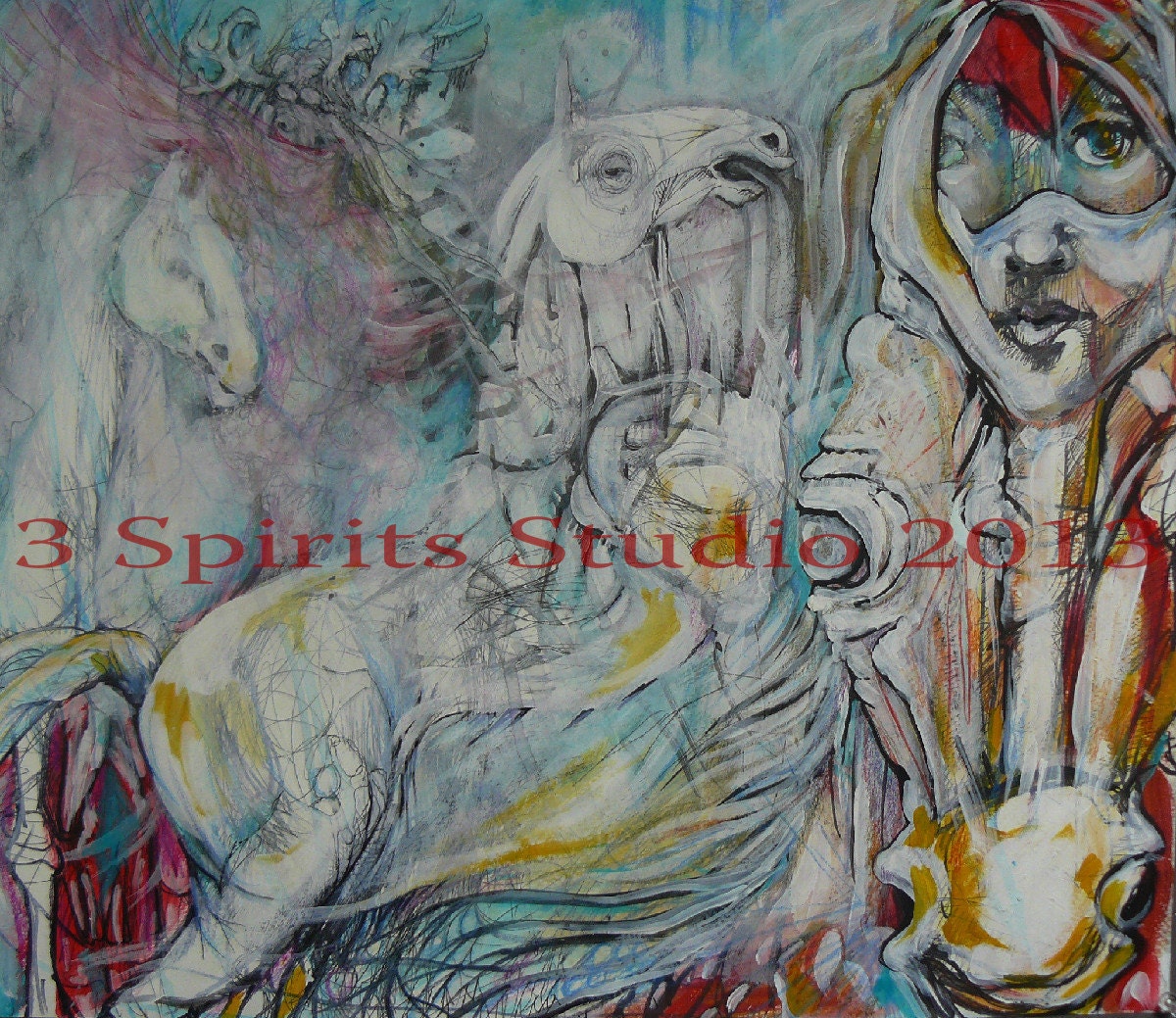 Original Mixed Media Drawing on paper- "Lady Godiva's Veil" (Herd Series)