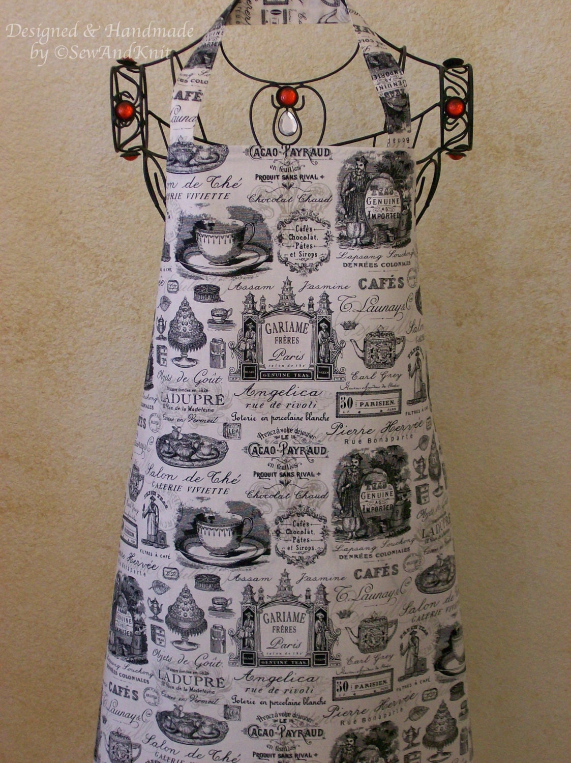 Paris Tea Apron in Black  - Chef Apron, Full Apron, Hostess Apron, Handmade Apron, Cotton Fabric Apron