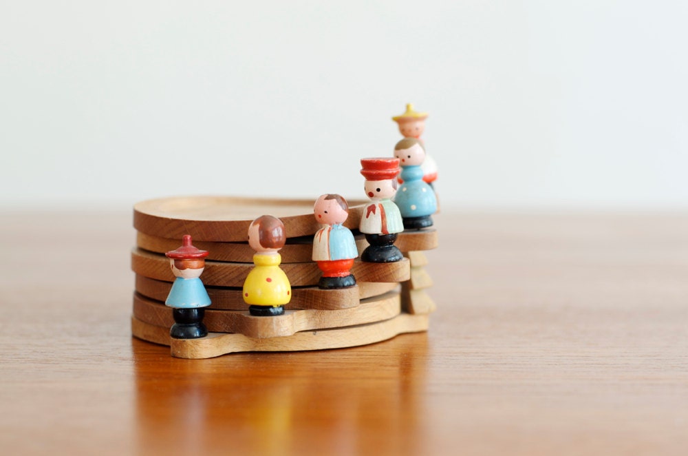 Vintage Mid Century Wooden Coasters Set of Six - Italy