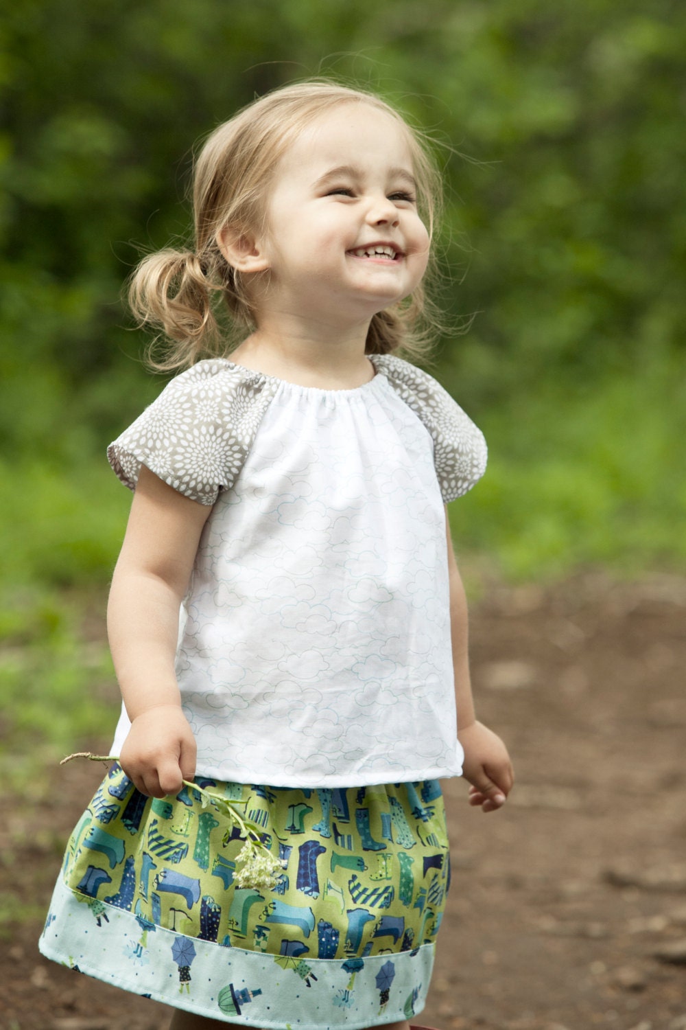 Girls Peasant Top / Pale Cloud detail on White Cotton / newborn - 6T