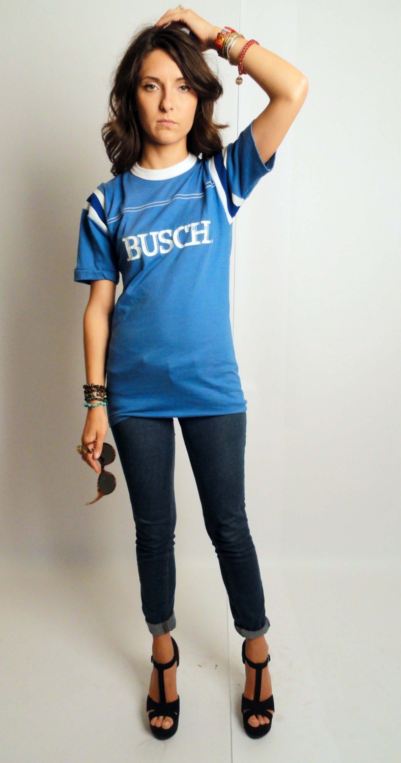 vintage 70s busch beer ringer tee - sports jeresey tee - beer tee - unisex - small S medium M