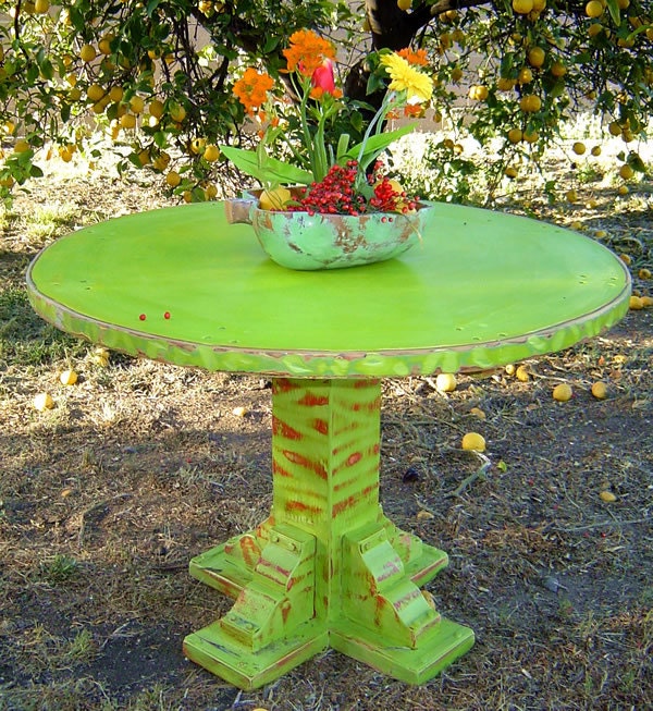 VINTAGE PEDESTAL TABLE - Kitchen, Dining or Patio Table Painted Yellow, Orange, Red and Lime Green Distressed Tropical