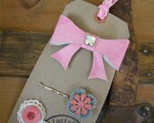 Leather Pink Hair Bow Barrette Set with Vintage Lace Bobbie Pins Button and Swarovski Crystal