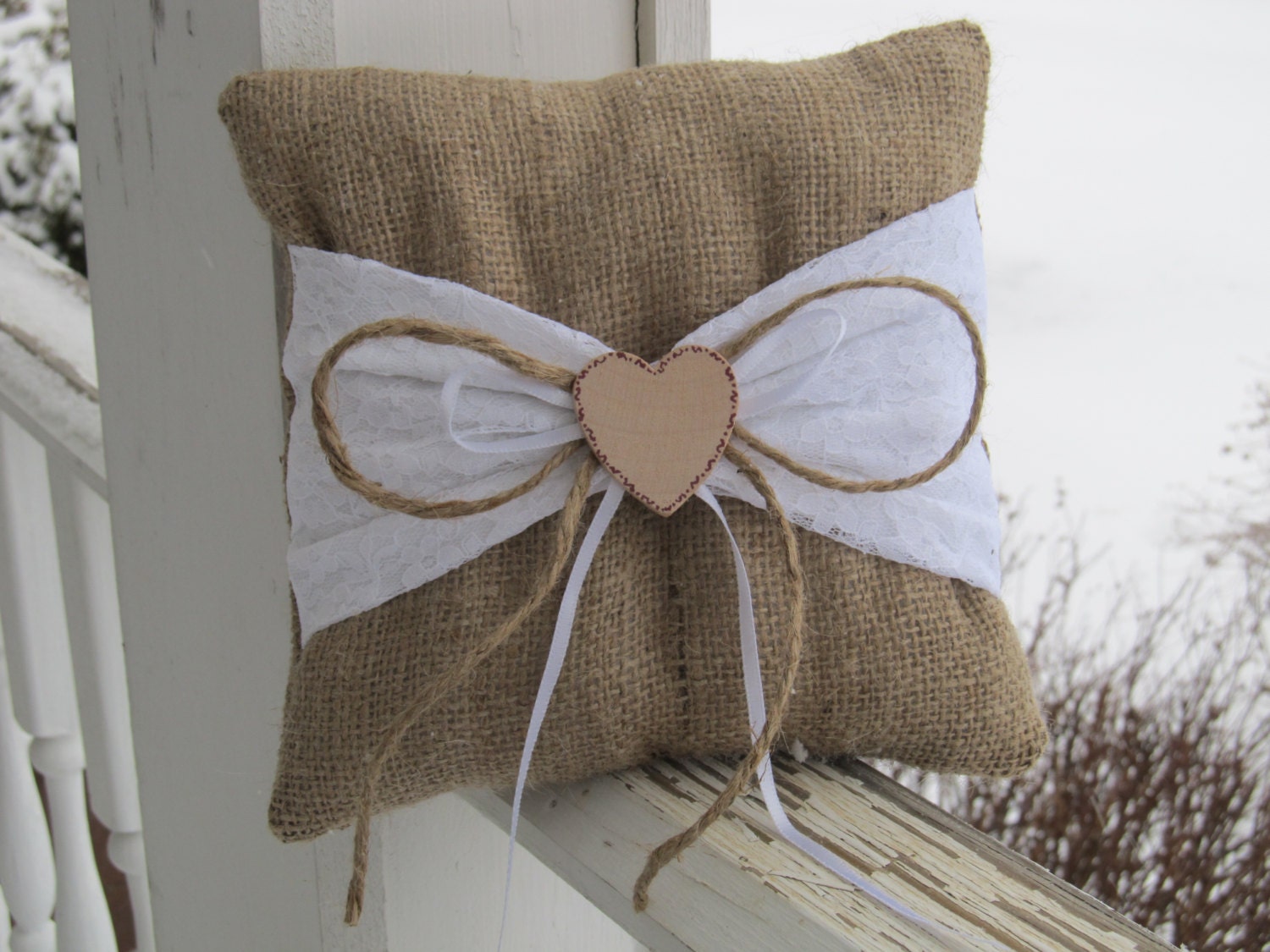 Personalized Burlap Ring Bearer Pillow With White and Lace Sash