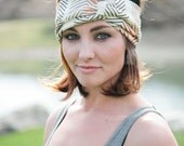 Women's Organic Cotton Turban Wrap Headband, Salmon and Cream Stripes with Grey Arrow Accents