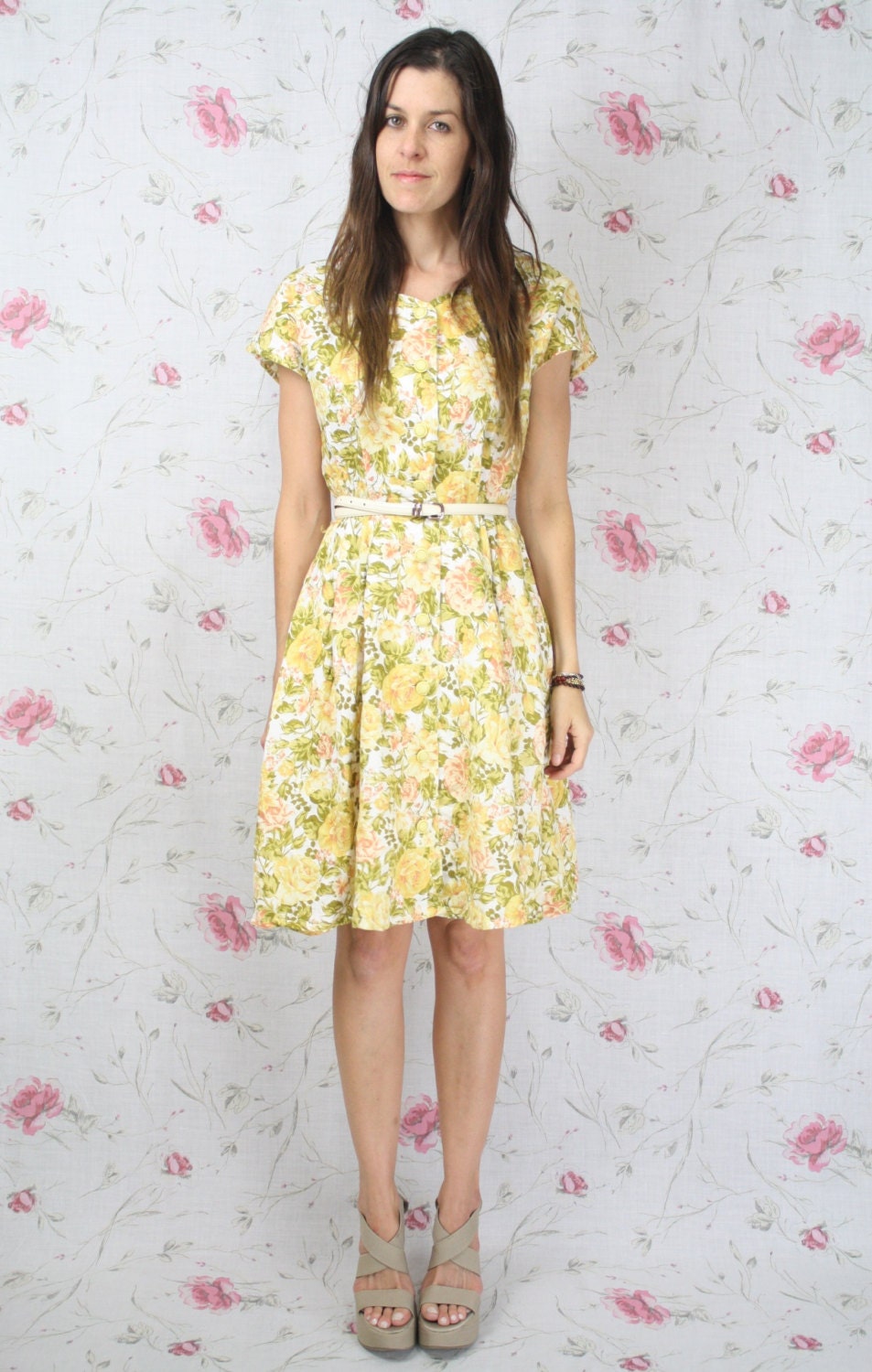 Vintage rose Japanese dress - golden peach cotton florals button front w/ pockets 80s S-M