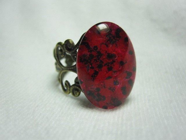 Oval Nail Polish Ring - Red With Black Hexes Red Squares Hexes And Tiny Micro Glitter Sparkle Hexes, Victorian Gothic Valentine NFL Falcons