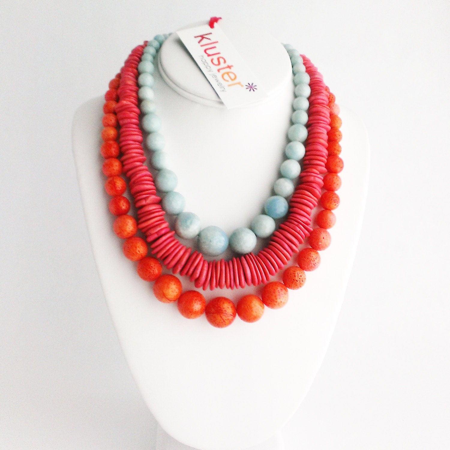 Bright Tribal Statement Necklace. Coral Pink Orange Aqua. Chunky Gemstone Bead Necklace. 100% Sterling Silver.