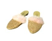 1960s Capers Boudoir Slippers - Faux Fur Trim - Pink Gold - Bedroom Slippers - Size 8