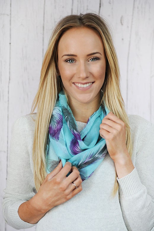 Feather Infinity Scarf Feather Print on Light Aqua Blue Circle Scarf Lightweight Wide Gauze Scarf Women's Fashion Accessory