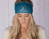 Stretchy Wide Lace Headband Teal Sheer Lace Headband with Tapered Cut and Scalloped Edge - Sheer Simplicity Headband