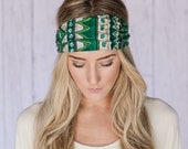 Green Aztec Print Cotton Headband Hair Wrap with Fabric Covered Elastic Back - Go With The Boho Headband