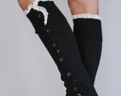 BLACK Lacy Knitted Button Down Leg Warmers with Crochet Lace Trim IN BLACK