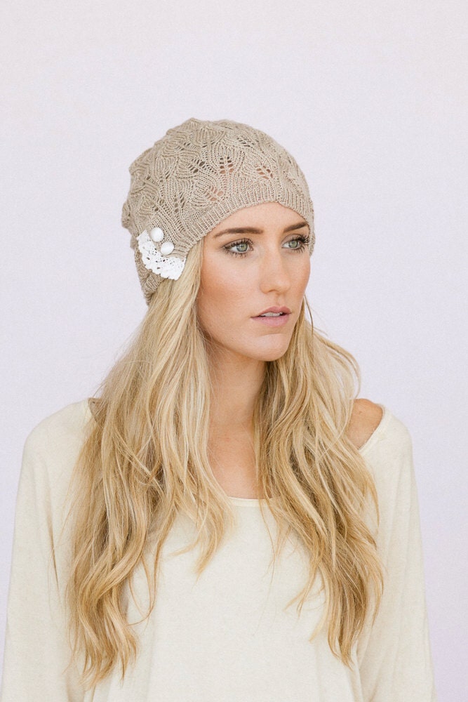 Taupe Open Knit Beanie with Lace Crochet Trim and Ivory Satin Buttons - "Can't Top Knit" Beanie