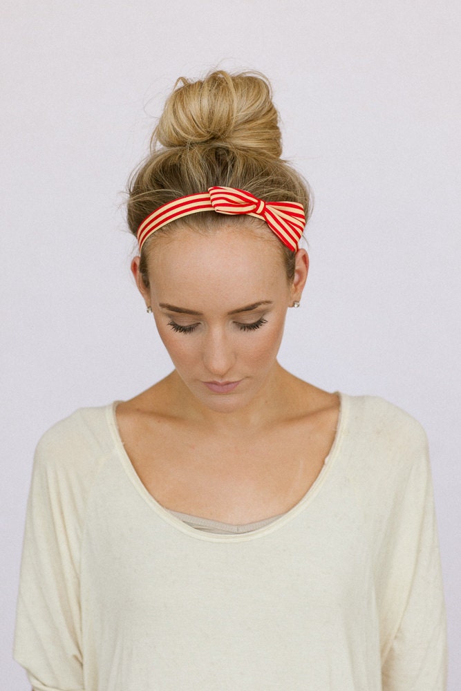 Striped Bow Headband Stretchy Thin Fabric Bow Hair Band in Striped Elastic Women's Fashion Hair Accessories (Taupe Red Stripe)