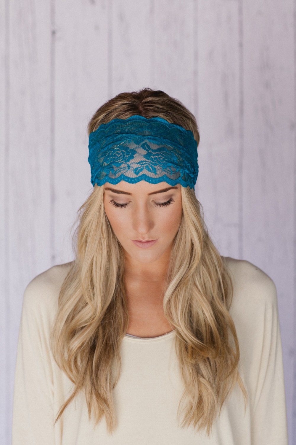 Stretchy Wide Lace Headband Teal Sheer Lace Headband with Tapered Cut and Scalloped Edge - Sheer Simplicity Headband