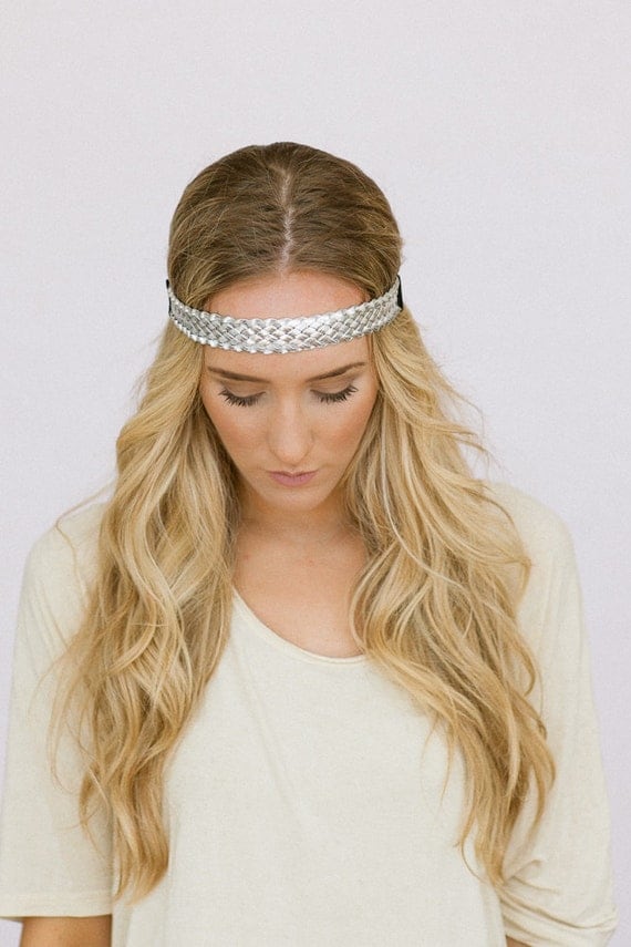 Braided SIlver Headband Metallic Leatherette Thin Boho Bohemian Braided Women's Fashion Headband (HB-138A)