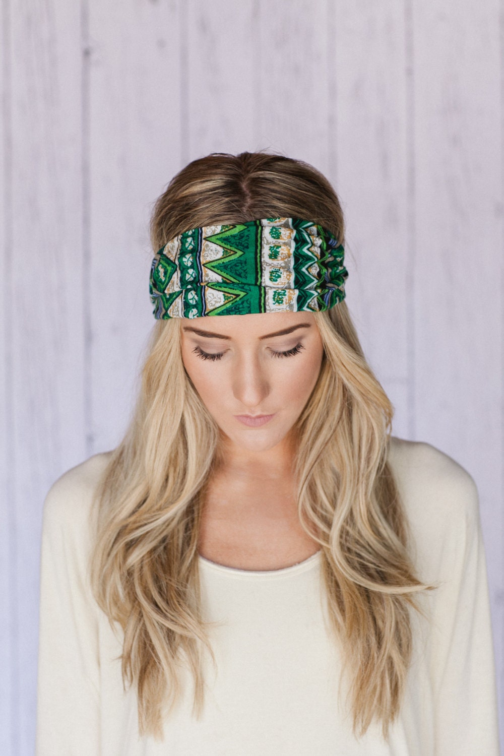 Green Aztec Print Cotton Headband Hair Wrap with Fabric Covered Elastic Back - Go With The Boho Headband
