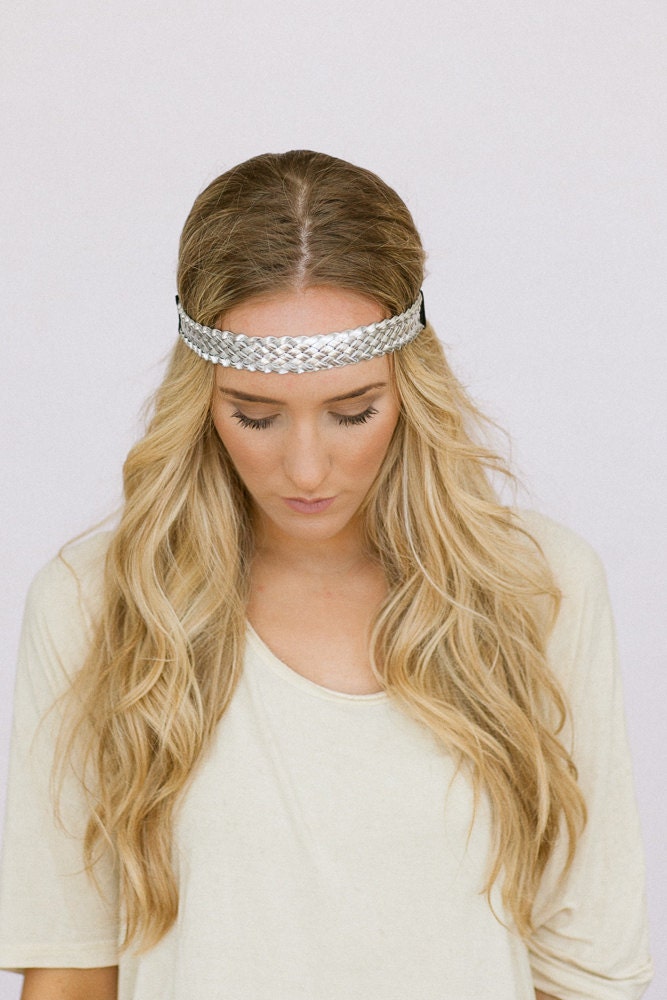 Braided SIlver Headband Metallic Leatherette Thin Boho Bohemian Braided Women's Fashion Headband (HB-138A)
