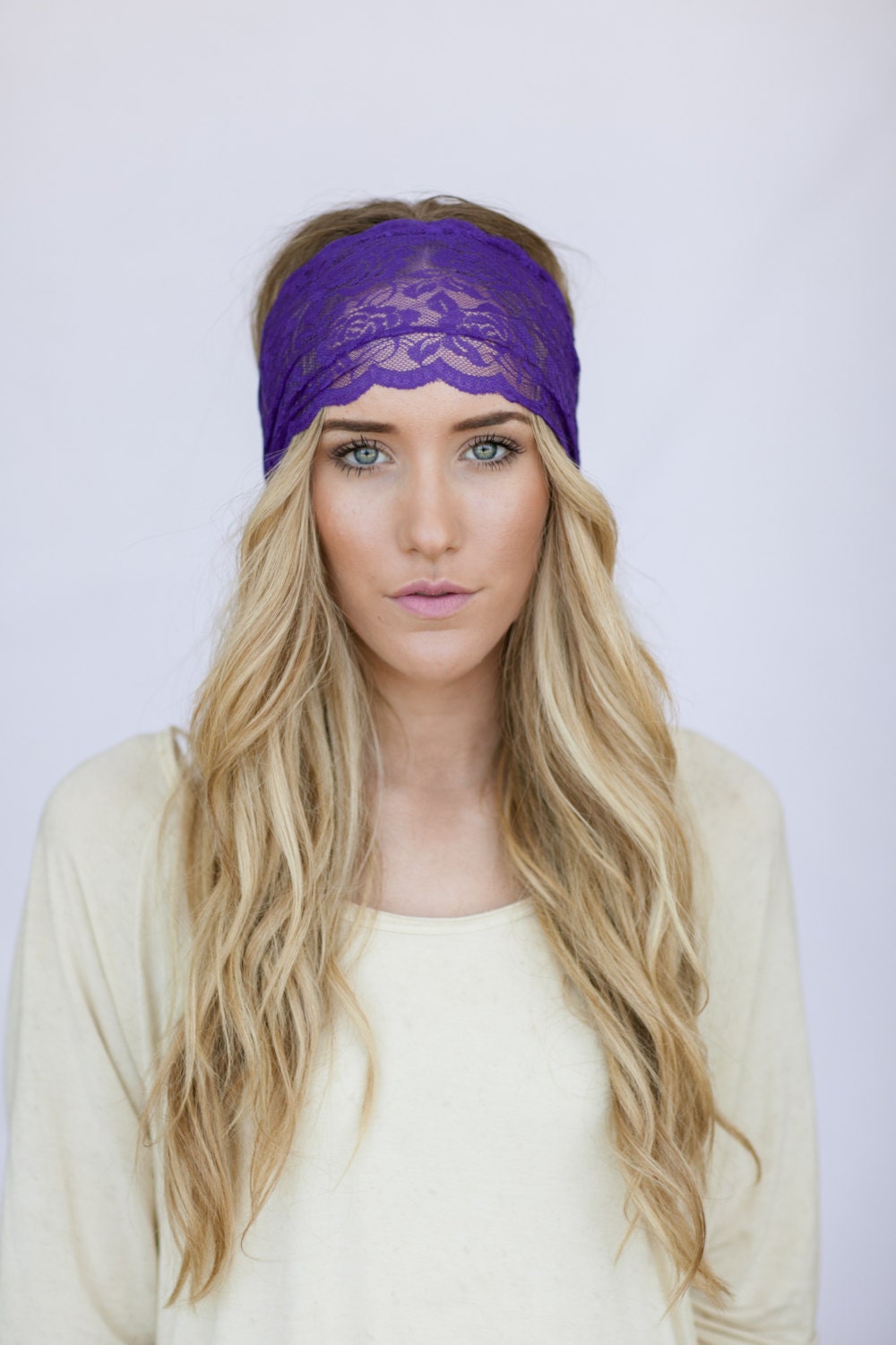 Wide Lace Headbands PURPLE Sheer Lace Headband with Tapered Cut and Scalloped Edge - Sheer Simplicity Headband
