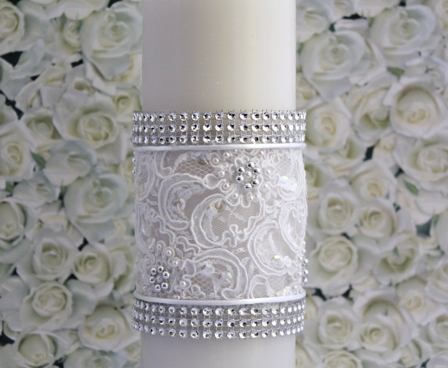 White Lace Unity Candle Wrap with Rhinestone Mesh, Wedding Candle, Ceremony Candle,
