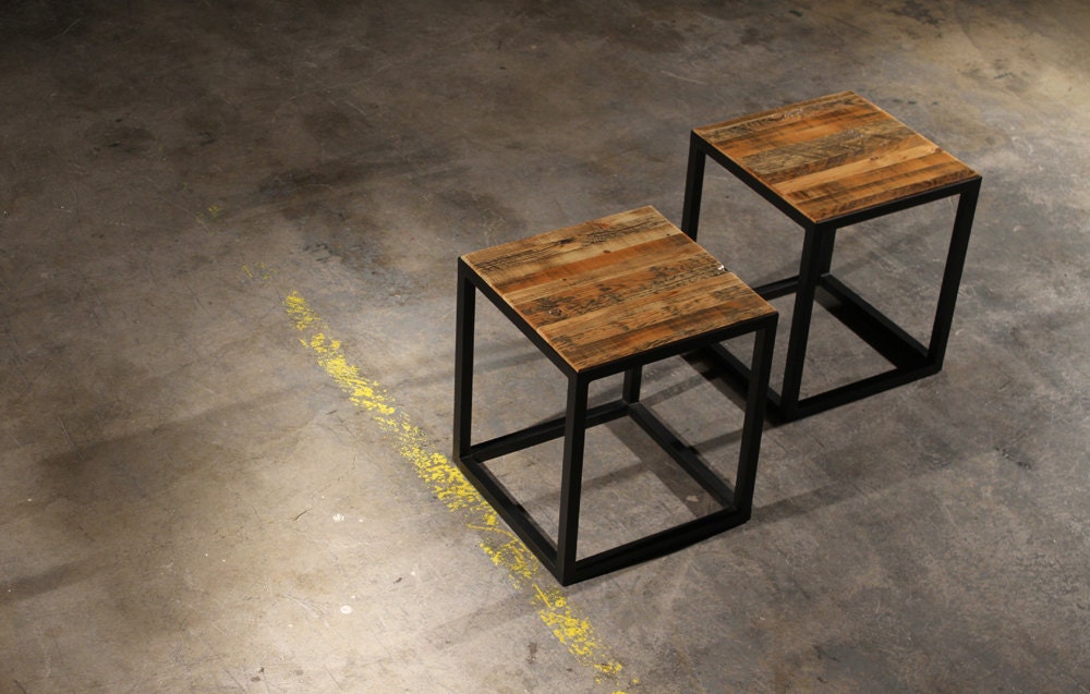 Reclaimed Patchwork Barn Wood & Steel End Table Pair