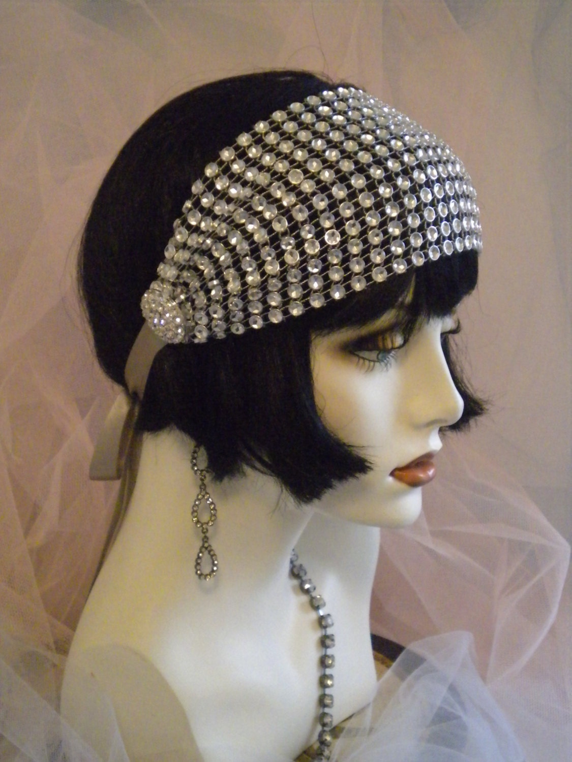 1920's Headpiece, Flapper Headband, Gatsby, Old Hollywood, Silver, Crystal, Rhinestones, Vintage, EV Studio  no. 48