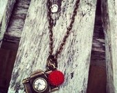 CAPTURE the moment CAMERA NECKLACE antique bronze chain photography photographer gift teal coral red black cream rose dahlia mum flower