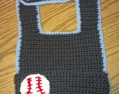 Grey and Blue crocheted bib with button fastener and basball aplique