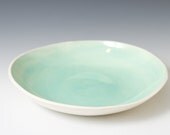 Shallow Turquoise and White Ceramic Pottery Bowl for Serving, Fruit or Display 11 inches