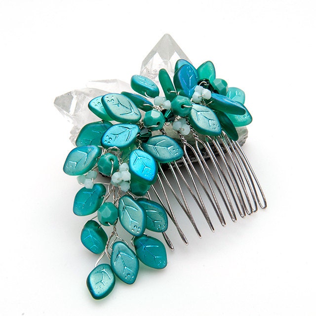 Teal Bridal Hair Comb, Wedding Hair Accessories, Hair Piece, Bridal Access Hair Accessories with leaves