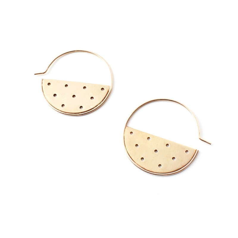 NEW Gold Polka Dot Hoop Earrings / pierced brass half circles, 14k gold fill hoops / playful modern metalwork jewelry by SoftGold