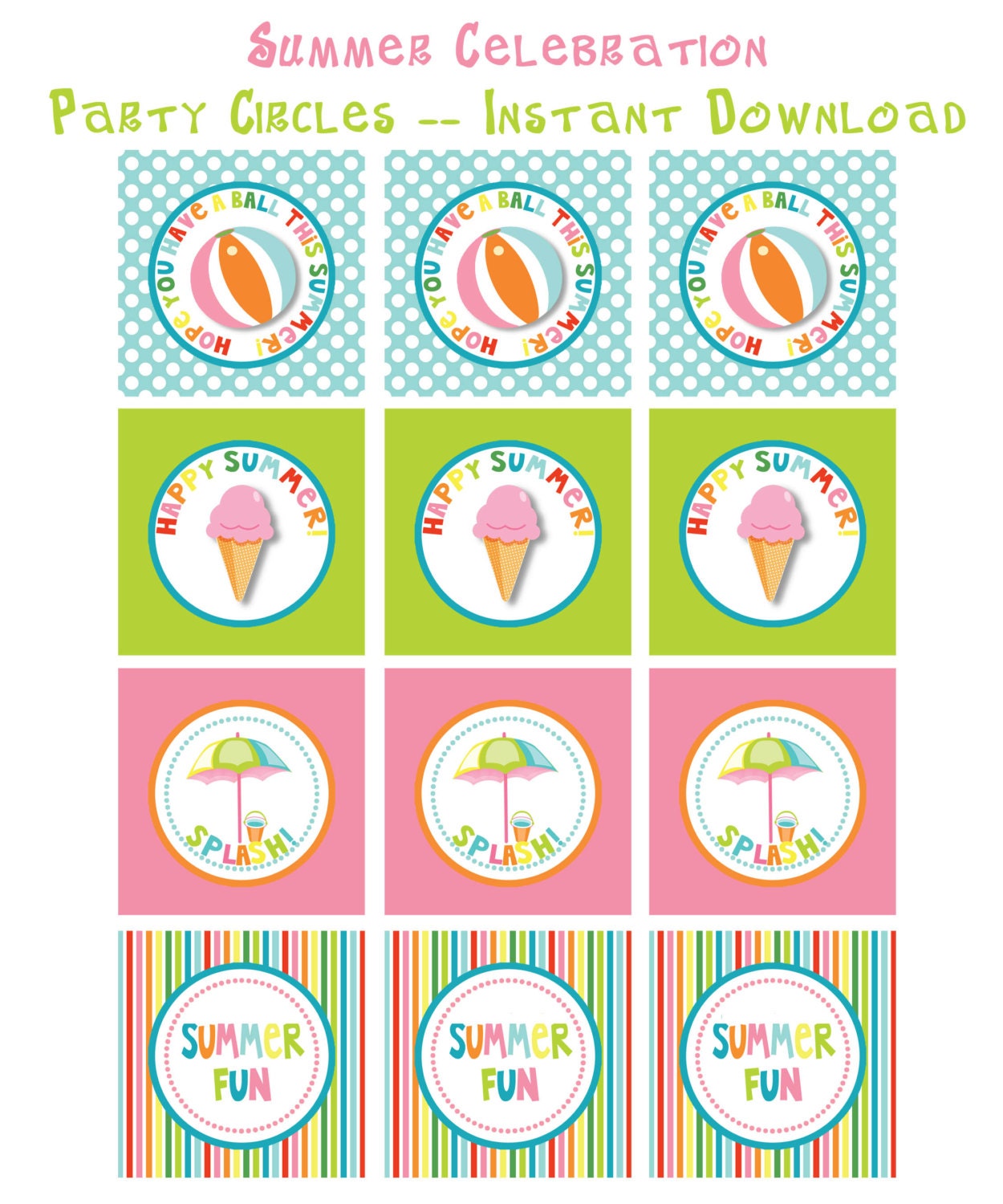 INSTANT DOWNLOAD -- Summer Celebration . Surf . Swim . Pool Party -- Party Circles or Cupcake Toppers
