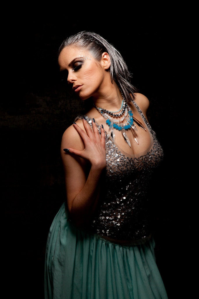 The Cold Hearted Bitch- Silver metal chain, real crystal pendants, blue, silver and white glass beads, toggle clasp short necklace.