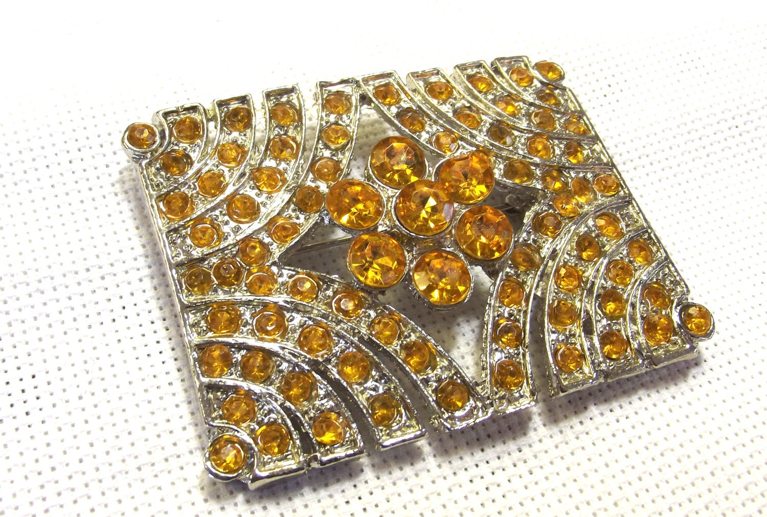 Vintage Rhinestone Pin, Orange Stones, Square, Sash Brooch, Costume Jewelry, Bridal