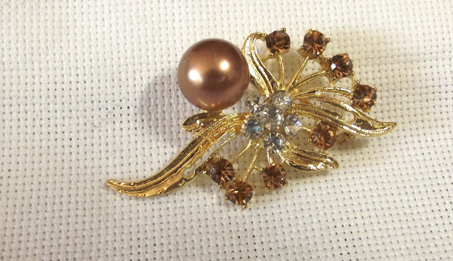 Vintage Brooch, Chocolate Pearl, Rhinestone, Spray Shape, Costume Jewelry, Wedding