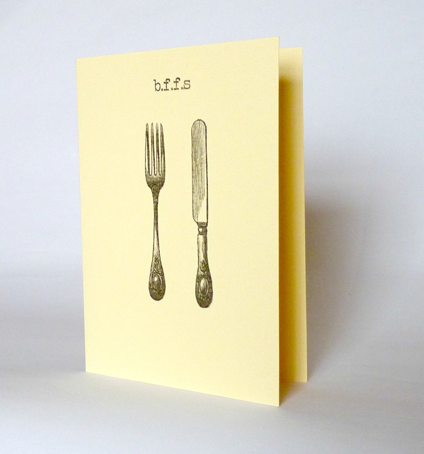BFFs .  birthday card for my best friend forever . i love my mate . vintage knife and fork typography card . cream greeting cards