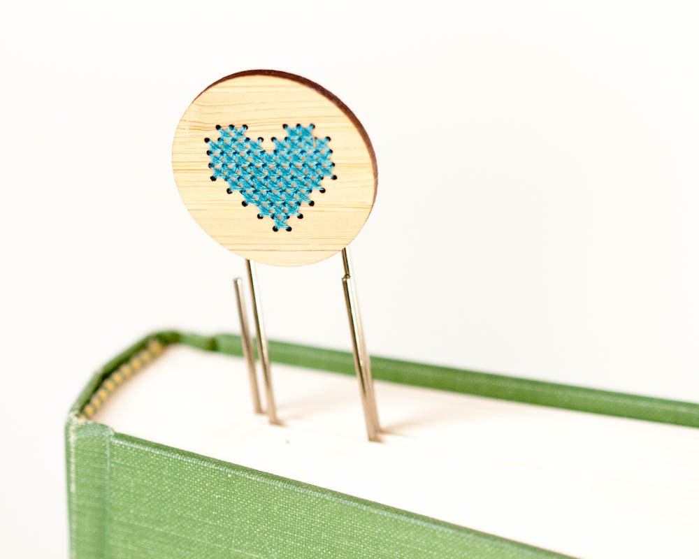 Cross Stitch Bookmark Kit - Blue Heart on Bamboo