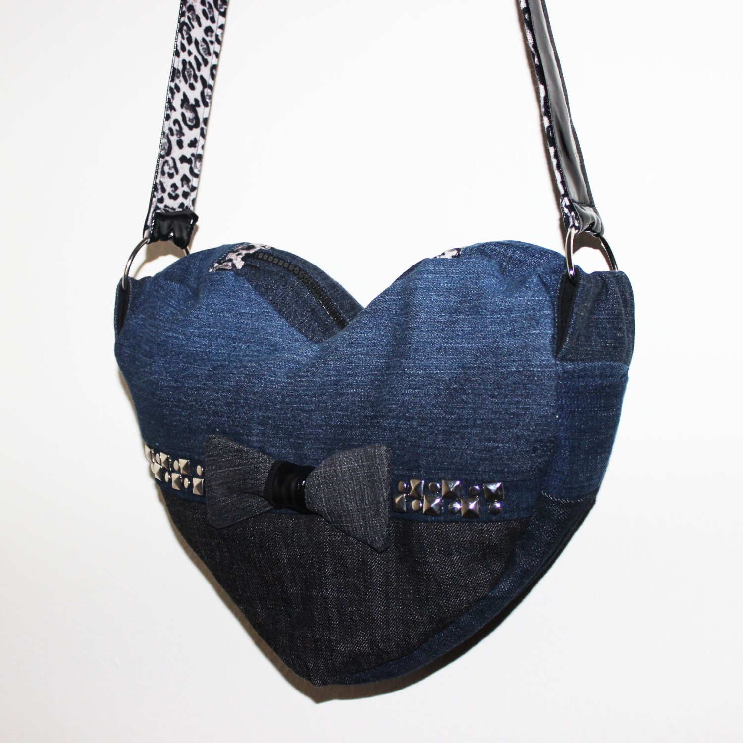 Upcycled Denim Heart Purse Ecofriendly Messenger Bag Studded with Bow and Leopard Print