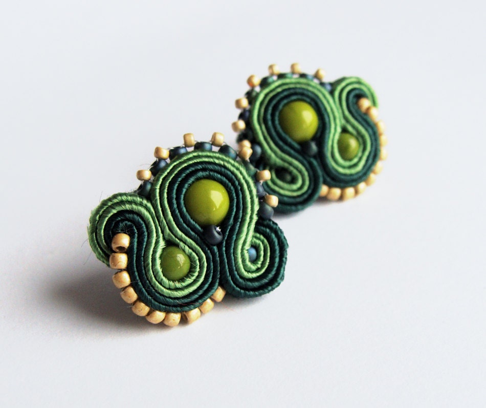 Soutache stud earrings handmade post earrings embroidered green gold forest pearls TOHO oaak gift for her under 50