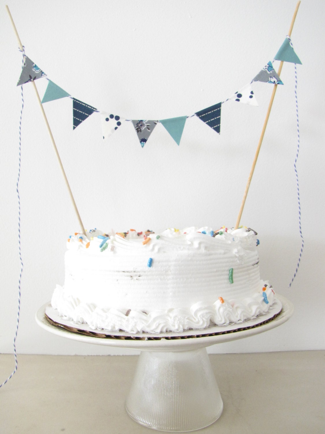 Fabric Cake Topper - Bunting Decoration - Wedding, Birthday Party, Shower Decor in "April Showers" grey navy dots stripe flowers teal blue
