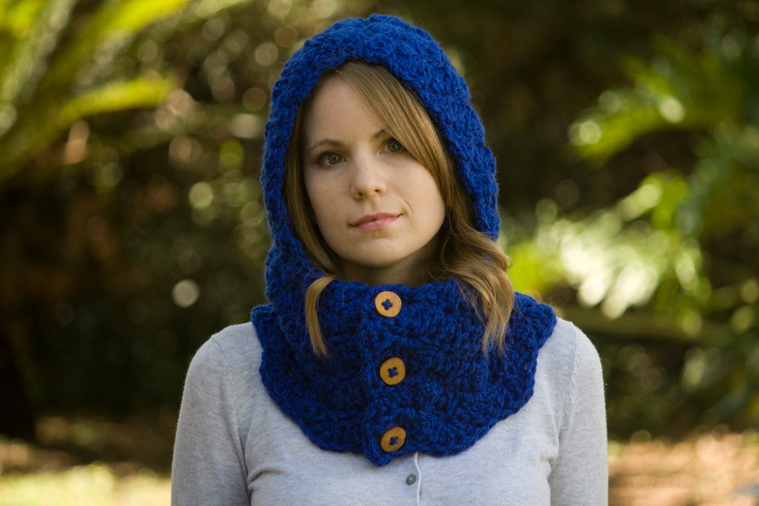 Cobalt Blue Hooded Cowl, Royal Blue Neckwarmer, Button Cowl with Hood