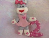 Polymer Clay Milestone Birthday Christmas Ornament Sock Monkey  Pink Dress no. 2 Cake Topper